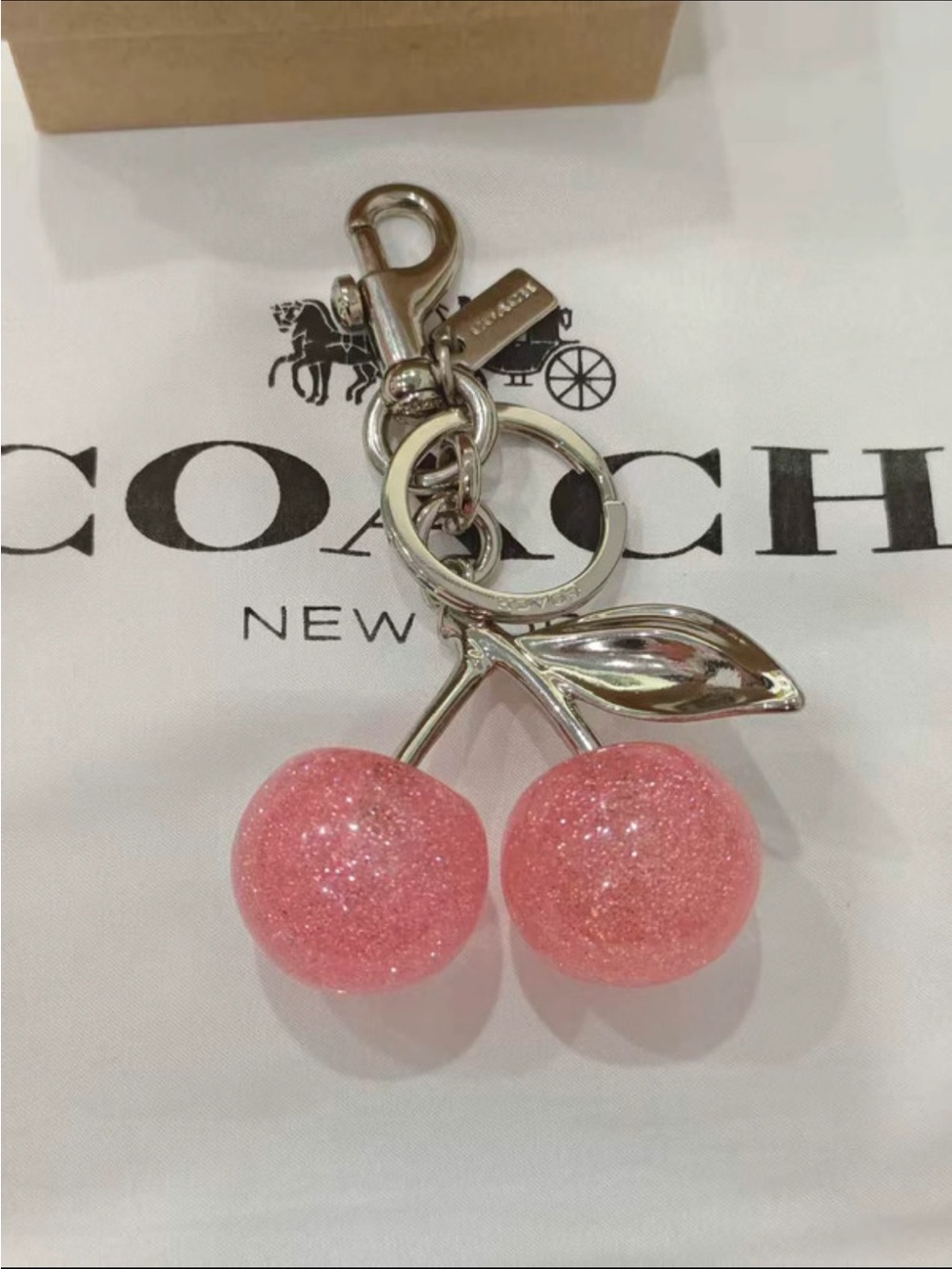 Coach Pink Glitter Cherry Key Charm with Silver Hardware